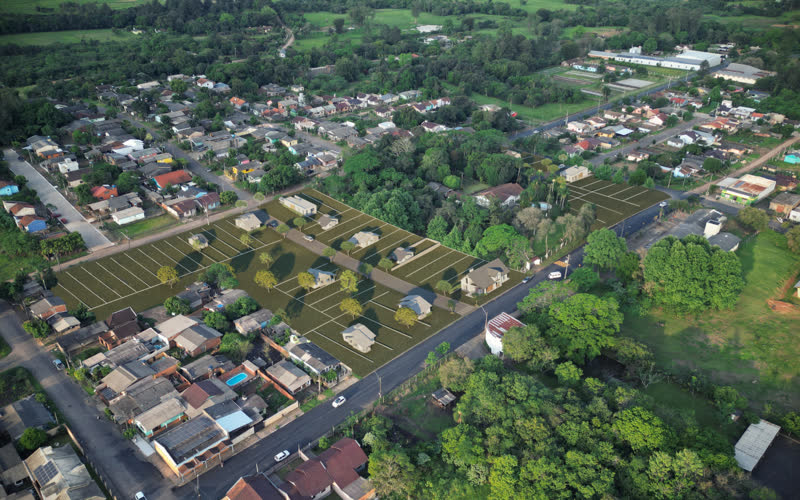 Vista aérea do Multi Família, no centro de Taquara, com os terrenos demarcados entre as casas do bairro